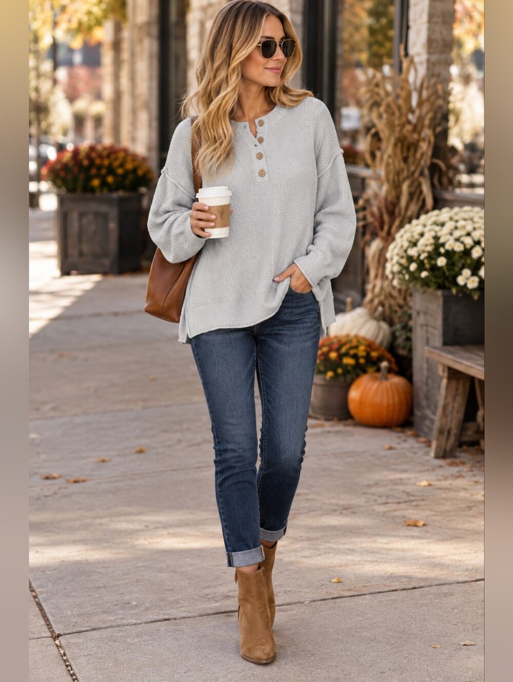 Zenana Waffle Knit Henley Hi Lo Pullover Drop Shoulder Sweater Large New